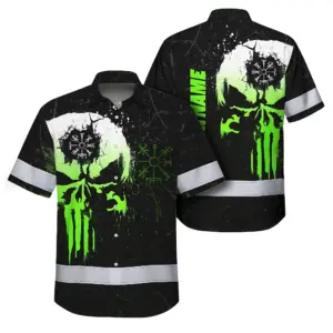 Hi Vis Hawaiian Shirt Reflective Tapes Green Neon Skull Custom Name Safety Workwear For Workers, Truckers, Operators