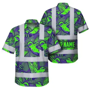 Hi Vis Hawaiian Shirt Reflective Tapes Green Neon Violet Hummingbird Custom Name Safety Workwear For Workers, Truckers, Operators
