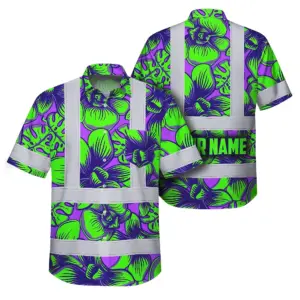 Hi Vis Hawaiian Shirt Reflective Tapes Green Neon Violet Orchid Custom Name Safety Workwear For Workers, Truckers, Operators