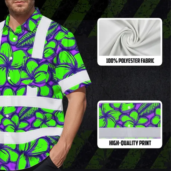 hi-vis-hawaiian-shirt-reflective-tapes-green-neon-violet-plumeria-4b5a2.webp