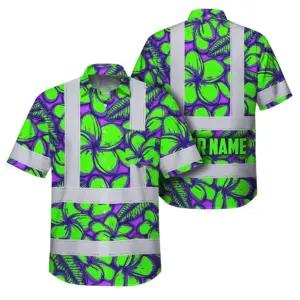 Hi Vis Hawaiian Shirt Reflective Tapes Green Neon Violet Plumeria Custom Name Safety Workwear For Workers, Truckers, Operators