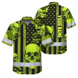 Hi Vis Hawaiian Shirt Reflective Tapes Lime Neon US Flag Skull Custom Name Safety Workwear For Workers, Truckers, Operators
