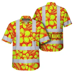 Hi Vis Hawaiian Shirt Reflective Tapes Orange Neon Lime Plumeria Custom Name Safety Workwear For Workers, Truckers, Operators
