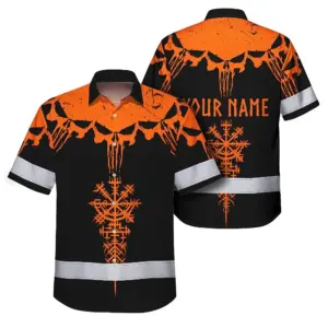 Hi Vis Hawaiian Shirt Reflective Tapes Orange Neon Skull Custom Name Safety Workwear For Workers, Truckers, Operators