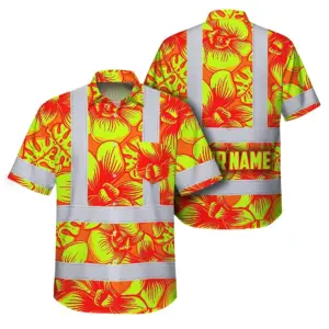 Hi Vis Hawaiian Shirt Reflective Tapes Orange Neon Yellow Orchid Custom Name Safety Workwear For Workers, Truckers, Operators