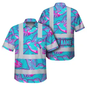 Hi Vis Hawaiian Shirt Reflective Tapes Pink Neon Blue Hummingbird Custom Name Safety Workwear For Workers, Truckers, Operators