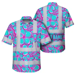 Hi Vis Hawaiian Shirt Reflective Tapes Pink Neon Blue Plumeria Custom Name Safety Workwear For Workers, Truckers, Operators