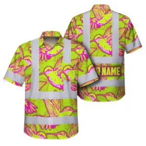 Hi Vis Hawaiian Shirt Reflective Tapes Pink Neon Lime Hummingbird Custom Name Safety Workwear For Workers, Truckers, Operators
