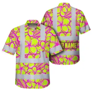 Hi Vis Hawaiian Shirt Reflective Tapes Pink Neon Lime Plumeria Custom Name Safety Workwear For Workers, Truckers, Operators