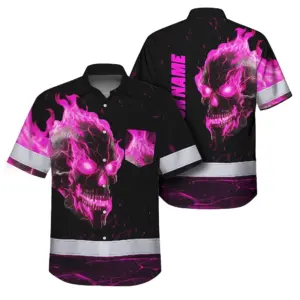 Hi Vis Hawaiian Shirt Reflective Tapes Pink Neon Skull Custom Name Safety Workwear For Workers, Truckers, Operators