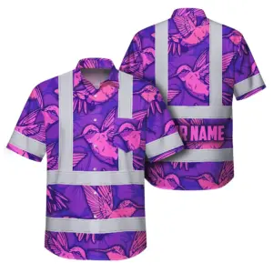 Hi Vis Hawaiian Shirt Reflective Tapes Pink Neon Violet Hummingbird Custom Name Safety Workwear For Workers, Truckers, Operators
