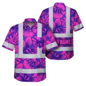 Hi Vis Hawaiian Shirt Reflective Tapes Pink Neon Violet Orchid Custom Name Safety Workwear For Workers, Truckers, Operators