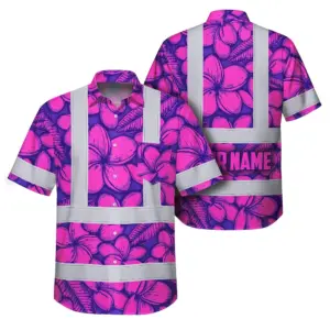 Hi Vis Hawaiian Shirt Reflective Tapes Pink Neon Violet Plumeria Custom Name Safety Workwear For Workers, Truckers, Operators