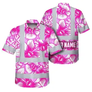 Hi Vis Hawaiian Shirt Reflective Tapes Pink Neon White Orchid Custom Name Safety Workwear For Workers, Truckers, Operators