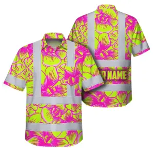 Hi Vis Hawaiian Shirt Reflective Tapes Pink Neon Yellow Orchid Custom Name Safety Workwear For Workers, Truckers, Operators