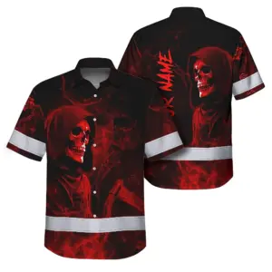 Hi Vis Hawaiian Shirt Reflective Tapes Red Neon Skull Custom Name Safety Workwear For Workers, Truckers, Operators