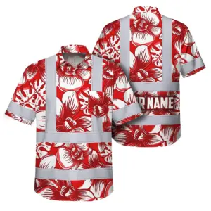 Hi Vis Hawaiian Shirt Reflective Tapes Red Neon White Orchid Custom Name Safety Workwear For Workers, Truckers, Operators