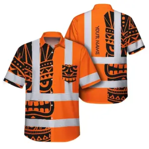 Hi Vis Hawaiian Shirt Reflective Tapes TiKi Hawaiian Orange Neon Polynesian Tribal Custom Name Safety Workwear For Workers, Truckers, Operators