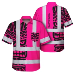 Hi Vis Hawaiian Shirt Reflective Tapes TiKi Hawaiian Pink Neon Polynesian Tribal Custom Name Safety Workwear For Workers, Truckers, Operators
