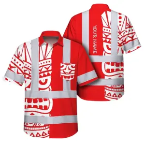 Hi Vis Hawaiian Shirt Reflective Tapes TiKi Hawaiian Red Neon Polynesian Tribal Custom Name Safety Workwear For Workers, Truckers, Operators