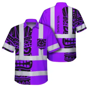 Hi Vis Hawaiian Shirt Reflective Tapes TiKi Hawaiian Violet Neon Polynesian Tribal Custom Name Safety Workwear For Workers, Truckers, Operators