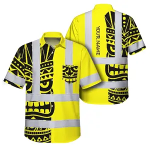 Hi Vis Hawaiian Shirt Reflective Tapes TiKi Hawaiian Yellow Neon Polynesian Tribal Custom Name Safety Workwear For Workers, Truckers, Operators