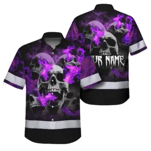 Hi Vis Hawaiian Shirt Reflective Tapes Violet Neon Smoke Skull Custom Name Safety Workwear For Workers, Truckers, Operators
