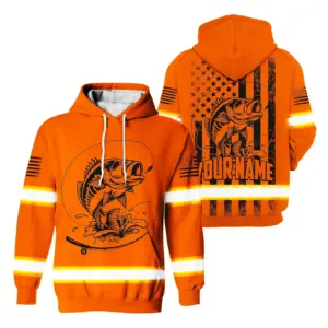 Hi Vis Hoodie Reflective American US Flag Fishing Custom Name Safety Workwear For Fishermen, Workers, Runners, Cyclists, Trucker, Operator, Patriotic