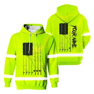 Hi Vis Hoodie Reflective American US Flag Fishing Rod Custom Name Safety Workwear For Fishermen, Workers, Runners, Cyclists, Trucker, Operator, Patriotic