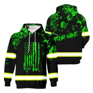 Hi Vis Hoodie Reflective American US Flag Fishing Tools Custom Name Safety Workwear For Fishermen, Workers, Runners, Cyclists, Trucker, Operator, Patriotic