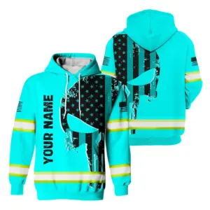 Hi Vis Hoodie Reflective Blue Neon Skull With USA Flag