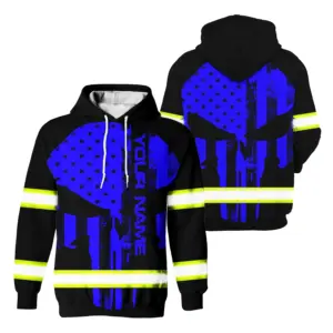 Hi Vis Hoodie Reflective Blue Skull America Flag Custom Name Safety Workwear