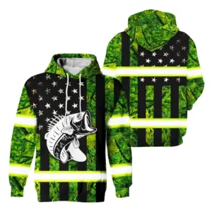 Hi Vis Hoodie Reflective Camo Bass American Flag Safety Workwear For Fishermen, Workers, Runners, Cyclists, Trucker, Operator, Patriotic