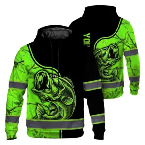 Hi Vis Hoodie Reflective Fishing Green Neon US Flag Custom Name Safety Workwear For Fishing Lovers Workers, Runners, Cyclists, Trucker, Operator