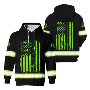 Hi Vis Hoodie Reflective Fishing Rod American Flag Green Neon Safety Workwear For Fishermen, Workers, Runners, Cyclists, Trucker, Operator, Patriotic