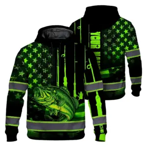 Hi Vis Hoodie Reflective Fishing US Flag Custom Name Safety Workwear For Fishing Lovers Workers, Runners, Cyclists, Trucker, Operator, Patriotic