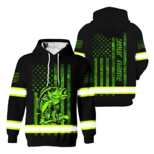 Hi Vis Hoodie Reflective Fishing US Flag Custom Name Safety Workwear For Fishermen, Workers, Runners, Cyclists, Trucker, Operator, Patriotic