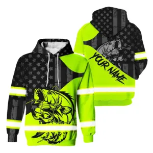 Hi Vis Hoodie Reflective Fishing US Flag Green Neon Custom Name Safety Workwear For Fishermen, Workers, Runners, Cyclists, Trucker, Operator, Patriotic