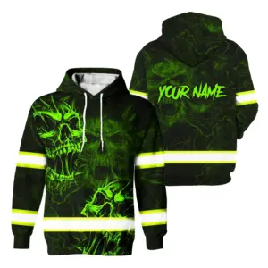 Hi Vis Hoodie Reflective Green Skull Custom Name Safety Workwear