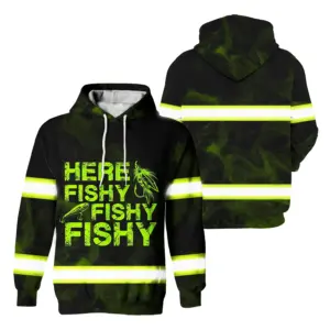 Hi Vis Hoodie Reflective Here Fishy Fishy Fishy Outdoor Safety Workwear For Fishermen, Workers, Runners, Cyclists, Trucker, Operator, Patriotic