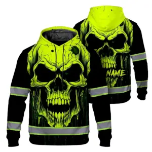 Hi Vis Hoodie Reflective Lime Neon Skull Custom Name Safety Workwear For Workers, Runners, Cyclists, Patriotic