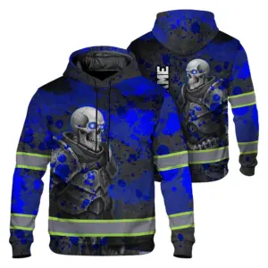 Hi Vis Hoodie Reflective Tapes Blue Grey Neon Skull Custom Name Safety Workwear For Workers, Truckers, Operators