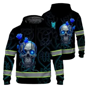 Hi Vis Hoodie Reflective Tapes Blue Neon Skull Custom Name Safety Workwear For Workers, Truckers, Operators
