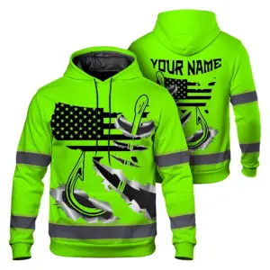 Hi Vis Hoodie Reflective Tapes Green Bass Fish Fishing Safety Workwear For Fishing Lovers Workers, Runners, Cyclists, Trucker, Operator, Patriotic
