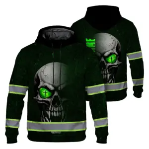 Hi Vis Hoodie Reflective Tapes Green Neon Light Skull Custom Name Safety Workwear For Workers, Truckers, Operators