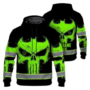 Hi Vis Hoodie Reflective Tapes Green Neon Skull 2 Custom Name Safety Workwear For Workers, Truckers, Operators