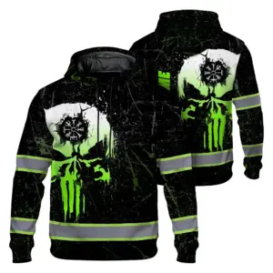 Hi Vis Hoodie Reflective Tapes Green Neon Skull Custom Name Safety Workwear For Workers, Truckers, Operators