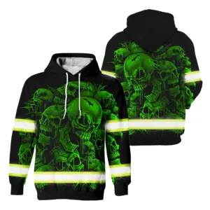 Hi Vis Hoodie Reflective Tapes Green Neon Skull Safety Workwear For Skull Lovers, Truckers, Workers, Runners, Cyclists