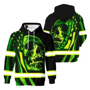 Hi Vis Hoodie Reflective Tapes Green Neon Skull US Flag Custom Name