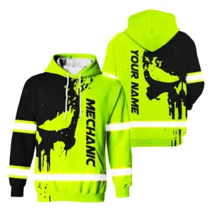Hi Vis Hoodie Reflective Tapes Green Skull Mechanic Custom Name Safety